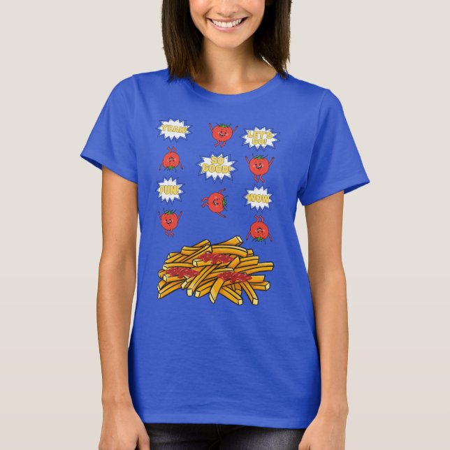 Camiseta tomate saltando para batatas fritas, desenho anima (Frente)