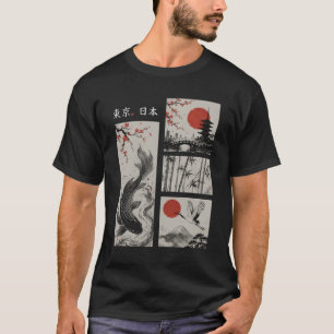 Camiseta Tóquio Japão Peixe Koi Grou Bambu Sol Vermelho Asi