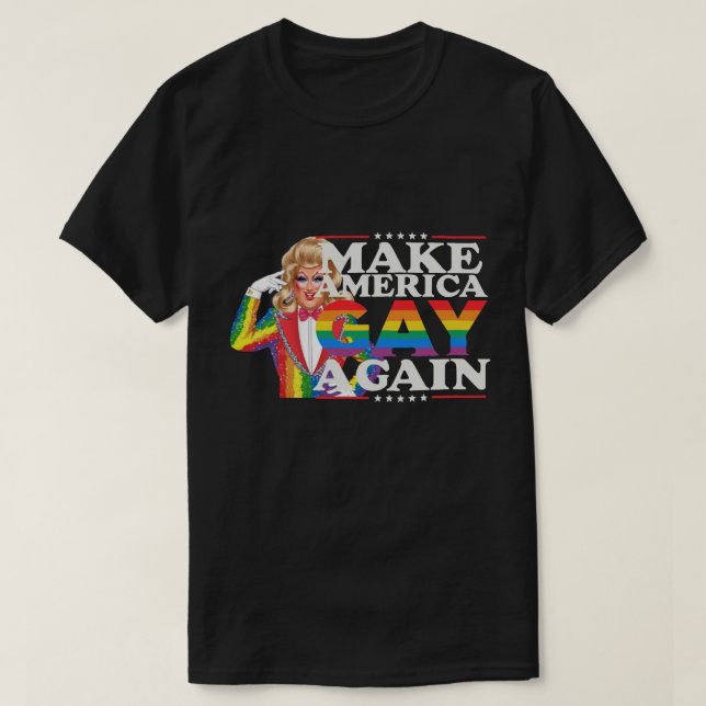 Camiseta Torne a América Gay Novamente, AmorLGBT, Arco-íris (Frente do Design)