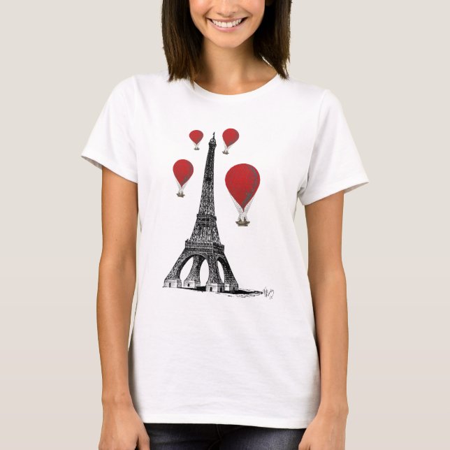 Camiseta Torre Eiffel e Balões de Ar Quente Vermelho (Frente)