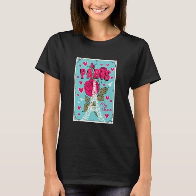 Camiseta Torre Eiffel, em Paris, adorável, com Rosa (Frente)
