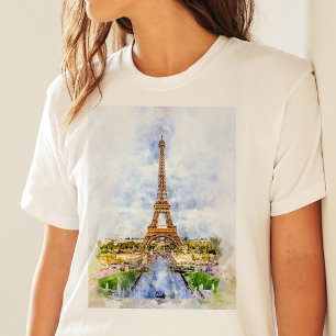 Camiseta Torre Eiffel Pôr do Sol Paris Água-Forte Francês