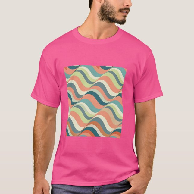Camiseta Torres de Ondas Geométricas Retro Laranja-Verde Óp (Frente)