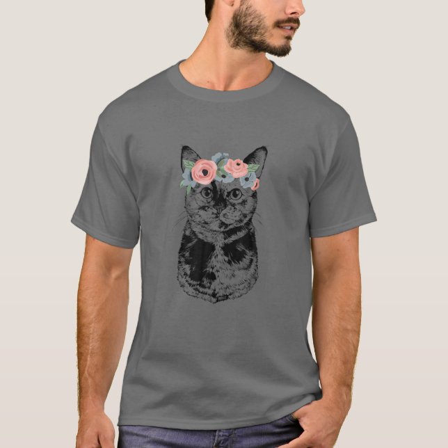 Camiseta Tortoisinferno Gato Com Banda-Cabeça Floral Tortie (Frente)
