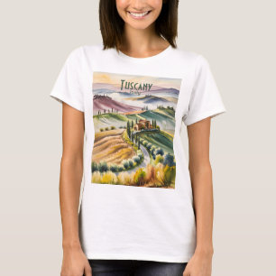 Camiseta Toscana Colinas Ondulantes Paisagem Aquarela Viage
