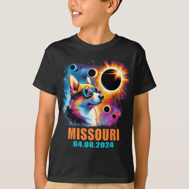 Camiseta Totalidade Total Eclipse Solar 2024 Missouri Corgi (Frente)