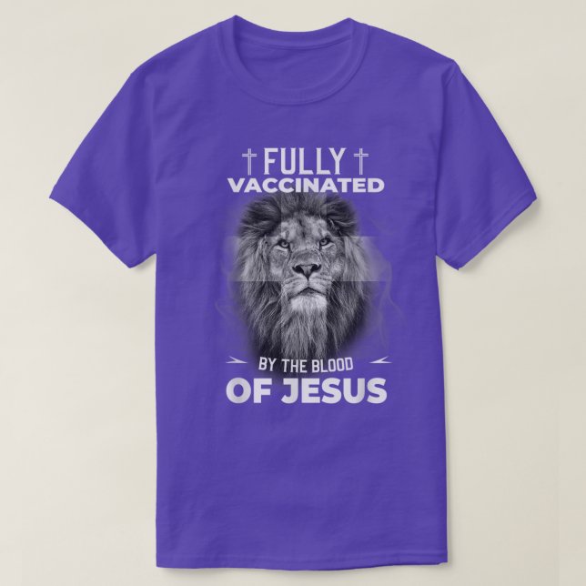 Camiseta Totalmente Vacinado Pelo Sangue De Jesus Engraçado (Frente do Design)