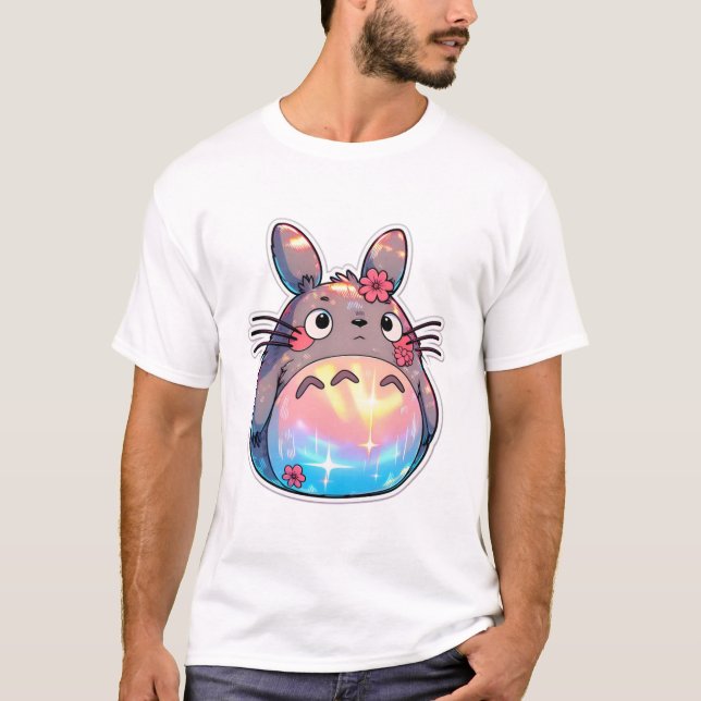 Camiseta Totoro with Rainbow Belly and Flowers Cute Whimsic (Frente)