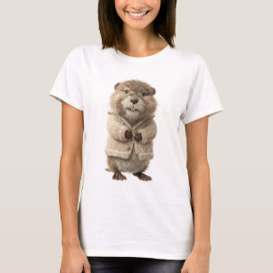 Camiseta Toupeira Adorável em Cardigan de Tricô