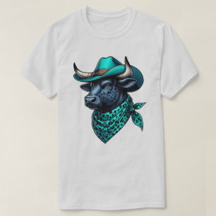 Camiseta Touro Cowboy Com Chapéu Turquesa e Cachecol Xadrez