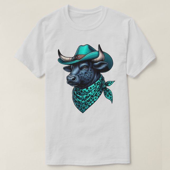 Camiseta Touro Cowboy Com Chapéu Turquesa e Cachecol Xadrez (Frente do Design)