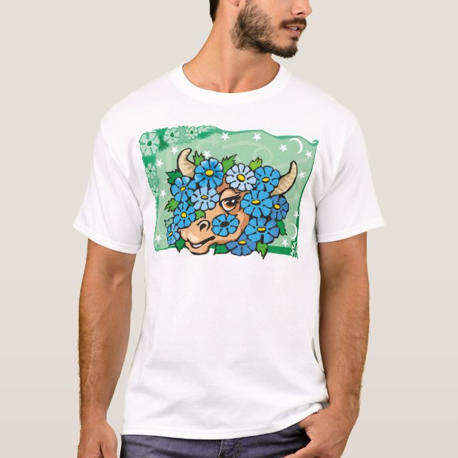 Camiseta Touro Floral Taurus com Flores Azuis (Frente)