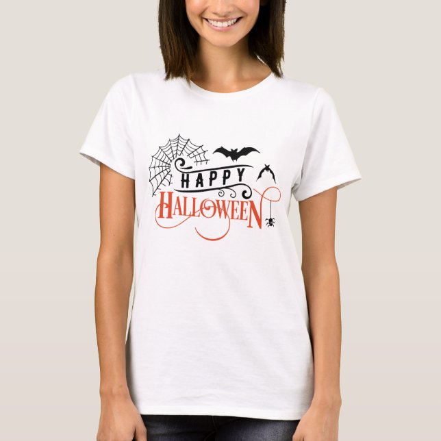 Camiseta Tpografia feliz do Halloween com morcego e aranhas (Frente)