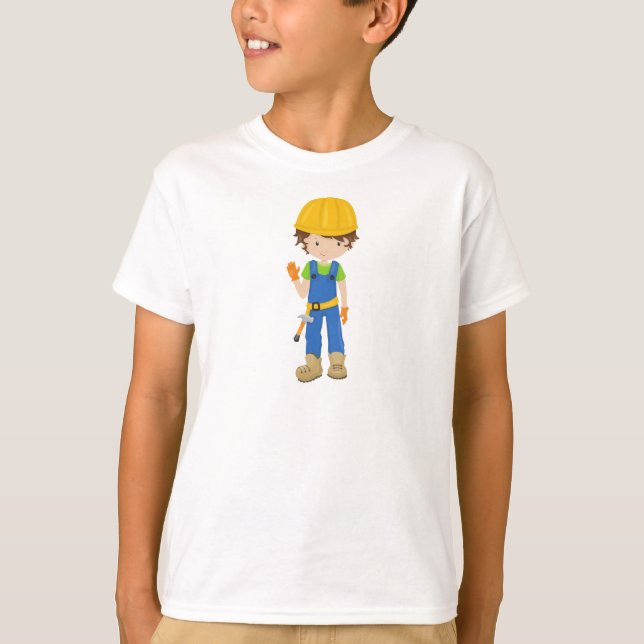 Camiseta Trabalhador de Construção, Cabelo Castanho, Garoto (Frente)