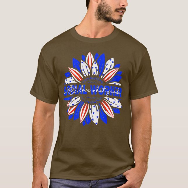 Camiseta Trabalhador social 4º de julho EUA Flag Sunflower (Frente)