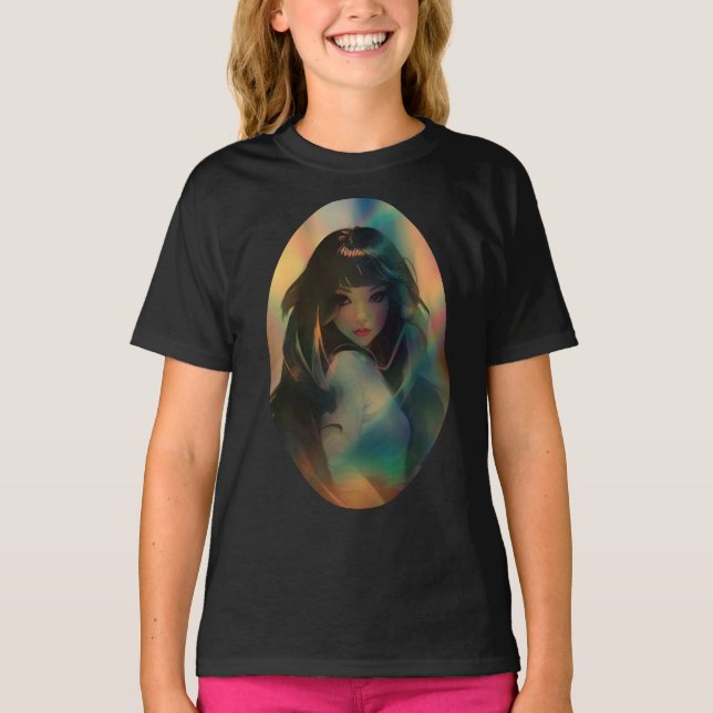Camiseta Trabalho de arte da Anime Girl cercada por Rainbow (Frente)