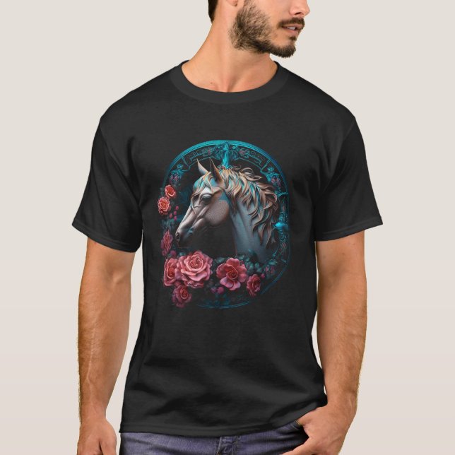 Camiseta Trabalho de arte de Cavalo Flores Animais (Frente)