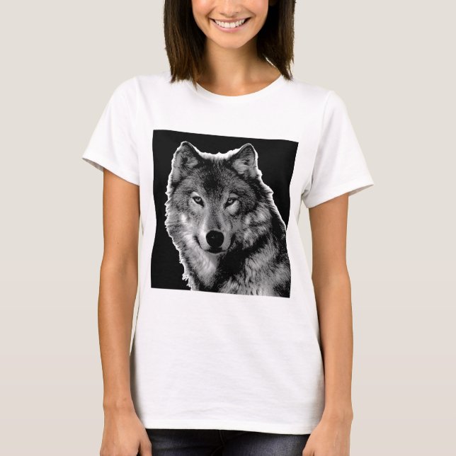 Camiseta Trabalho de arte do Lobo Negro e Branco (Frente)