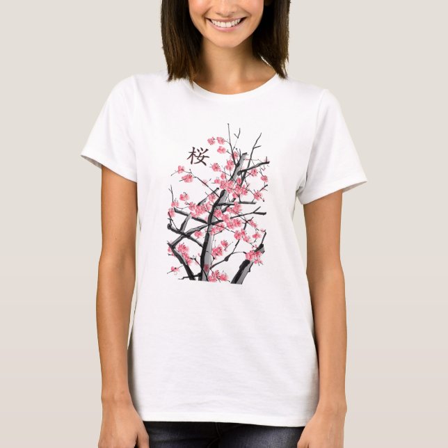 Camiseta Trabalho de arte Kanji Japonês - Árvore do Flor de (Frente)