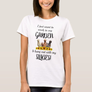 Camiseta Trabalho no jardim sai com galinhas de seda