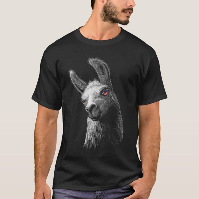 Camiseta Traço de Cabeça de Retrato Llama com Fundo Preto (Frente)