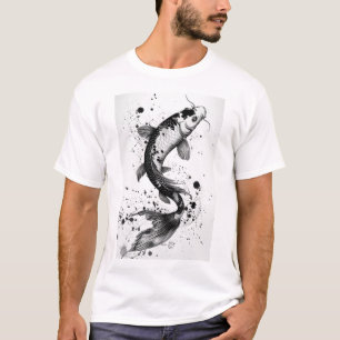 Camiseta Traço Negro Ilustração Plana Peixes Koi