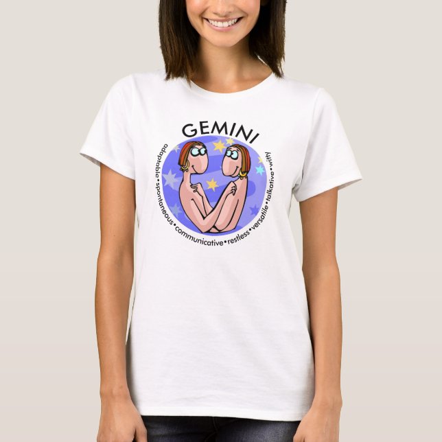 Camiseta Traços Gemini personalizáveis com Gêmeos de Cartoo (Frente)