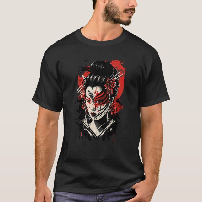 Camiseta Tradicional Geisha Samurai Máscara Guerra da Espad (Frente)