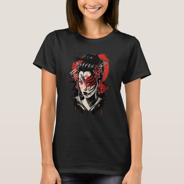 Camiseta Tradicional Geisha Samurai Máscara Guerra da Espad (Frente)