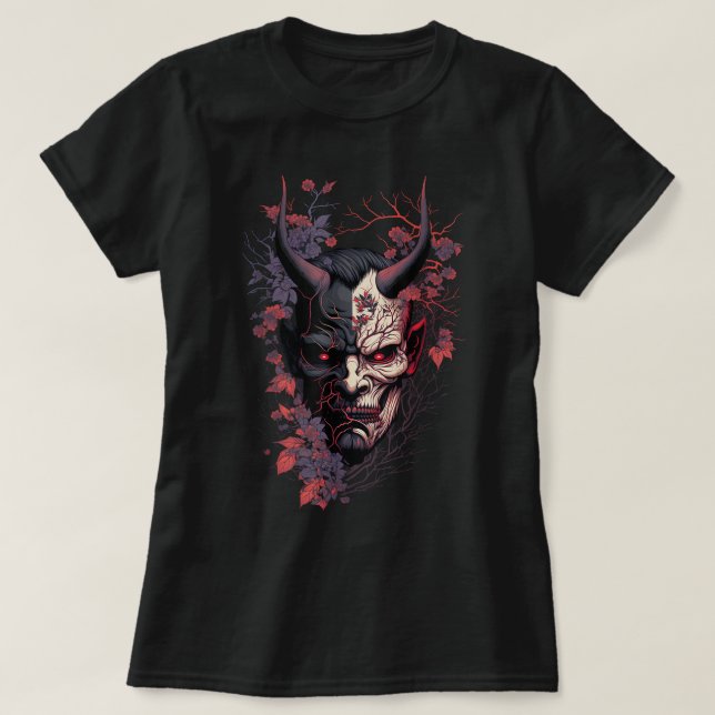 Camiseta Tradicional japonês Tattoo Demon Mask Oni Hannya (Frente do Design)