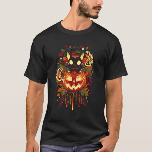 Camiseta Traje de Abóbora de Halloween de Gato Preto Retrô