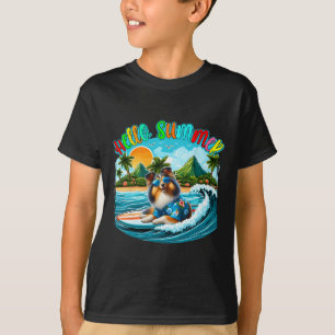 Camiseta Traje de Verão Sheltie Óculos de Sol Surfando Na P