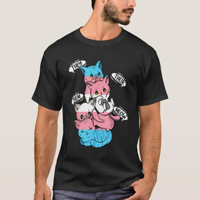 Camiseta Transgender Flag They Their Them Meow  Cat  LGBT 1 (Frente)