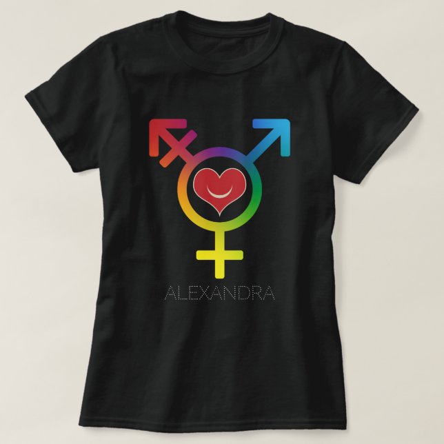 Camiseta Transgênero Rainbow Heart Smiling Gay LGBT Name (Frente do Design)