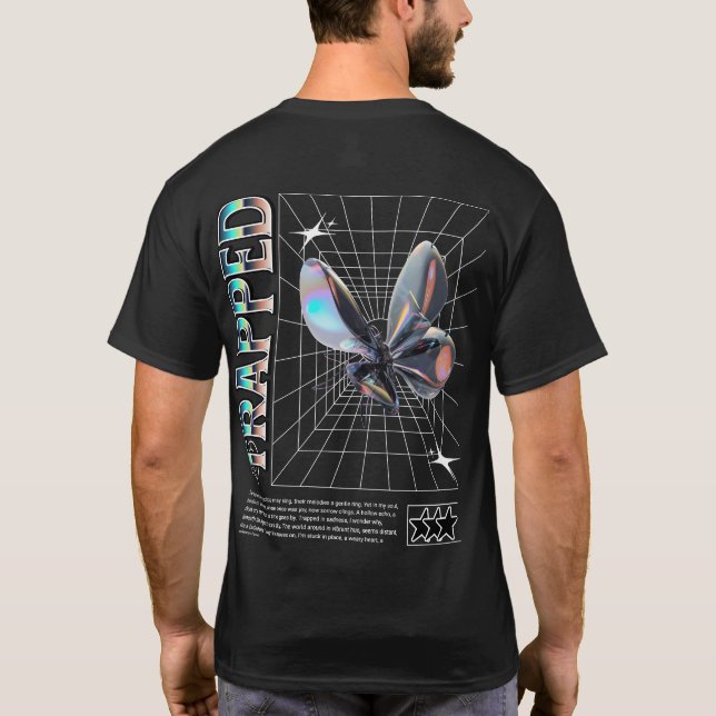 Camiseta TRAPPED – Futuristic Butterfly Y2K Grid Art (Verso)