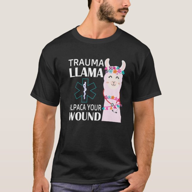 Camiseta Trauma Llama Alpaca Sua Enfermeira EMS Presente (Frente)