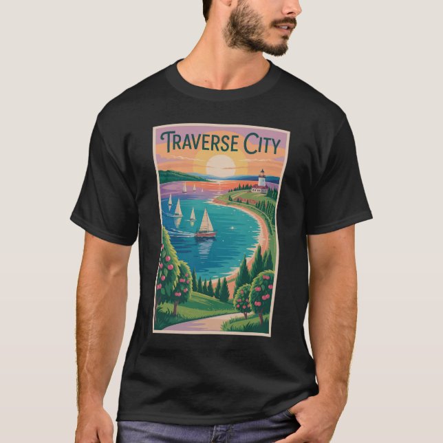 Camiseta Traverse City Lake Michigan Illustration Viagem (Frente)