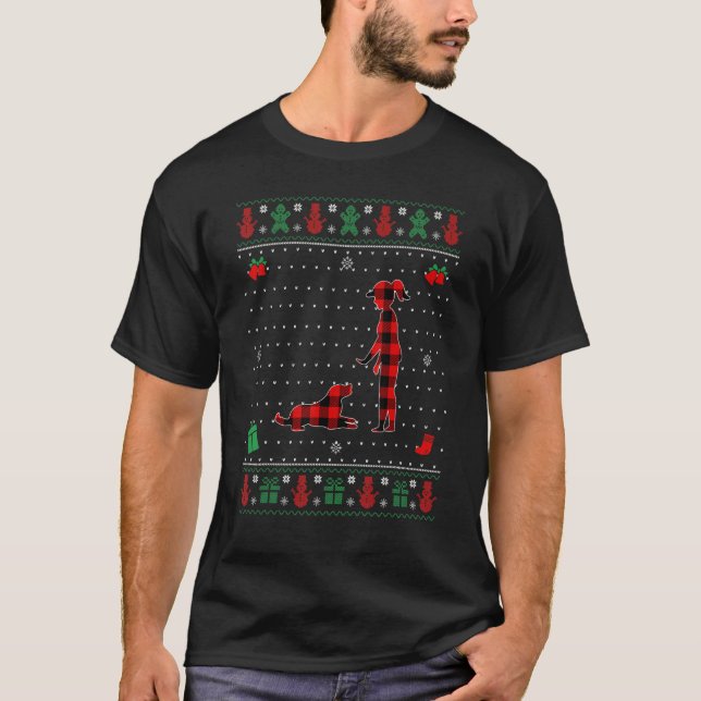 Camiseta Treinador de Cachorros de Xadrez Vermelha de Natal (Frente)