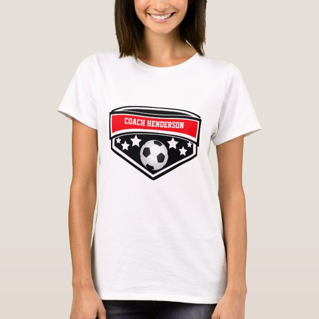 Camiseta Treinador Personalizado de Futebol Vermelho, Negro (Frente)