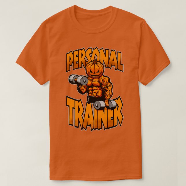 Camiseta Treinador Pessoal do Gym Pumpkin Dumbbell Fi (Frente do Design)
