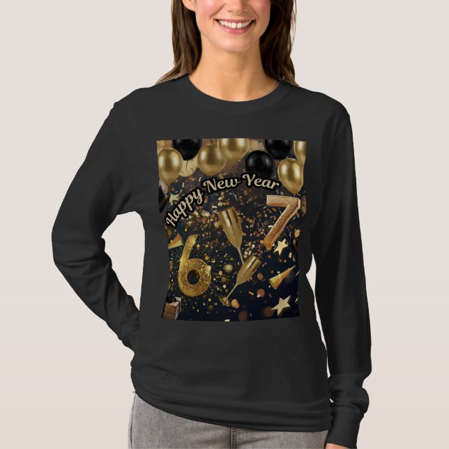 Camiseta Trending Elegant Black & Gold Six Seven New Year  (Frente)