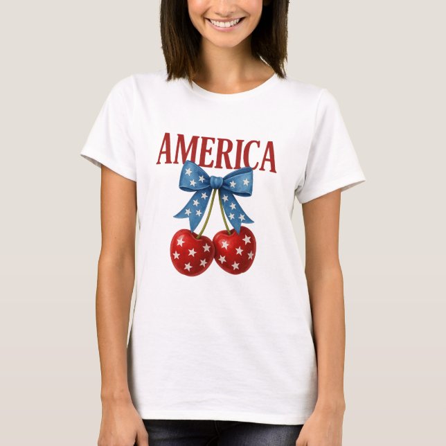 Camiseta Trendy Girly Patriotic Cherries "AMÉRICA" T-Shirt (Frente)