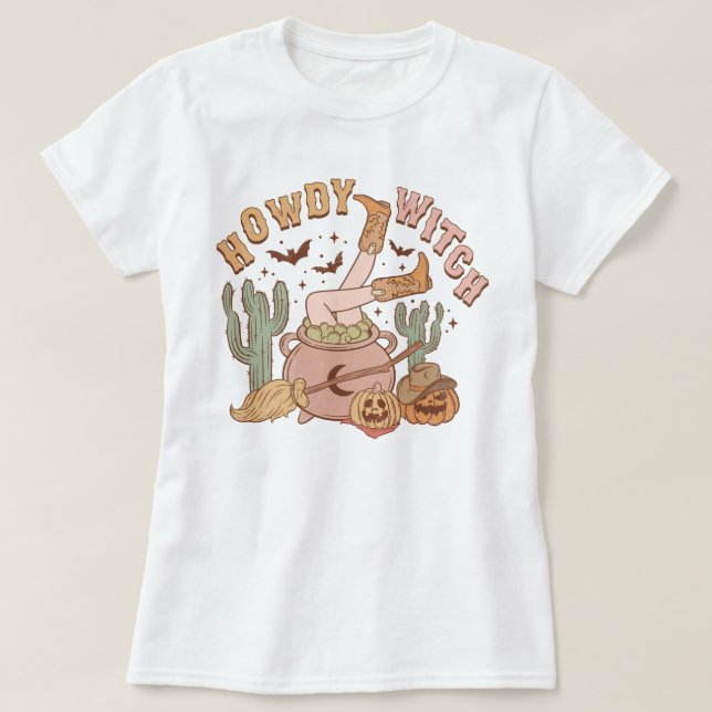 Camiseta Trendy Western Cowgirl Howdy Bruxa Halloween (Frente do Design)