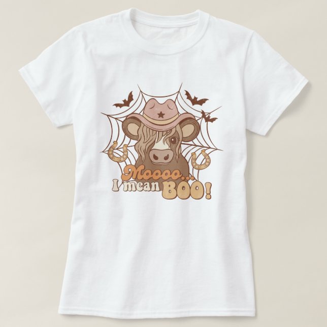 Camiseta Trendy Western Funny Cow Moo Boo Halloween (Frente do Design)
