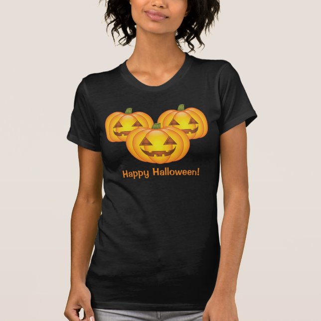 Camiseta Três Abóboras Bonitas Com Texto Feliz De Halloween (Frente)