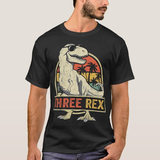 Camiseta Três aniversário de 3 anos Rex Terceiro Dinossauro (Frente)