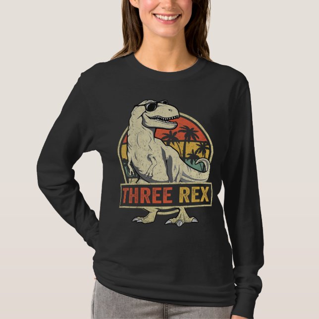 Camiseta Três aniversário de 3 anos Rex Terceiro Dinossauro (Frente)