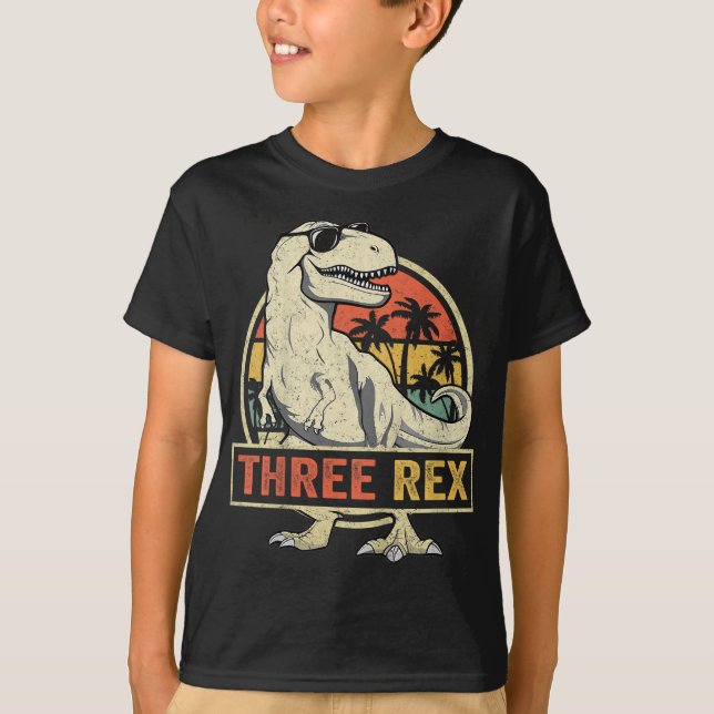 Camiseta Três aniversário de 3 anos Rex Terceiro Dinossauro (Frente)