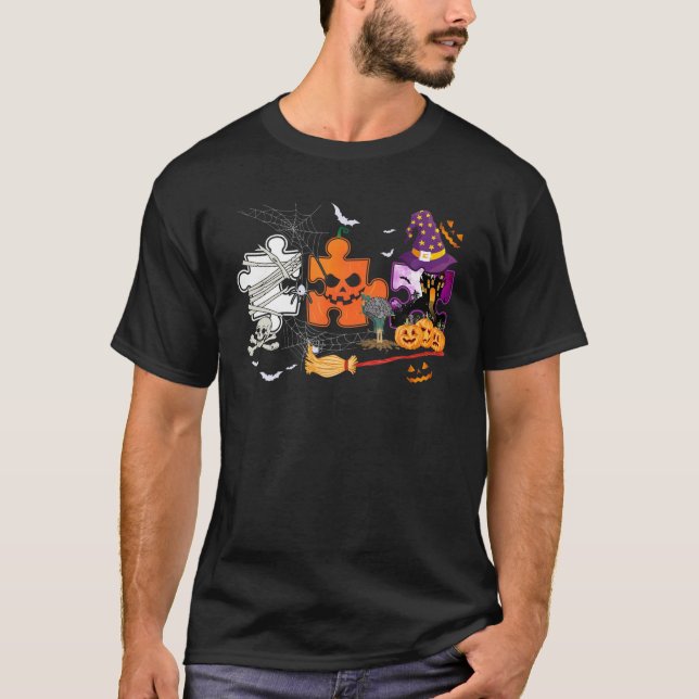 Camiseta Três Autismo de Halloween Mummy Pumpkin Wit (Frente)