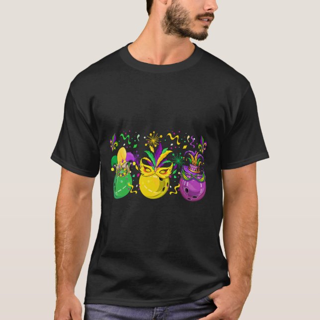Camiseta Três Boliche Mardi Gras Mascarada Jester Hats Para (Frente)